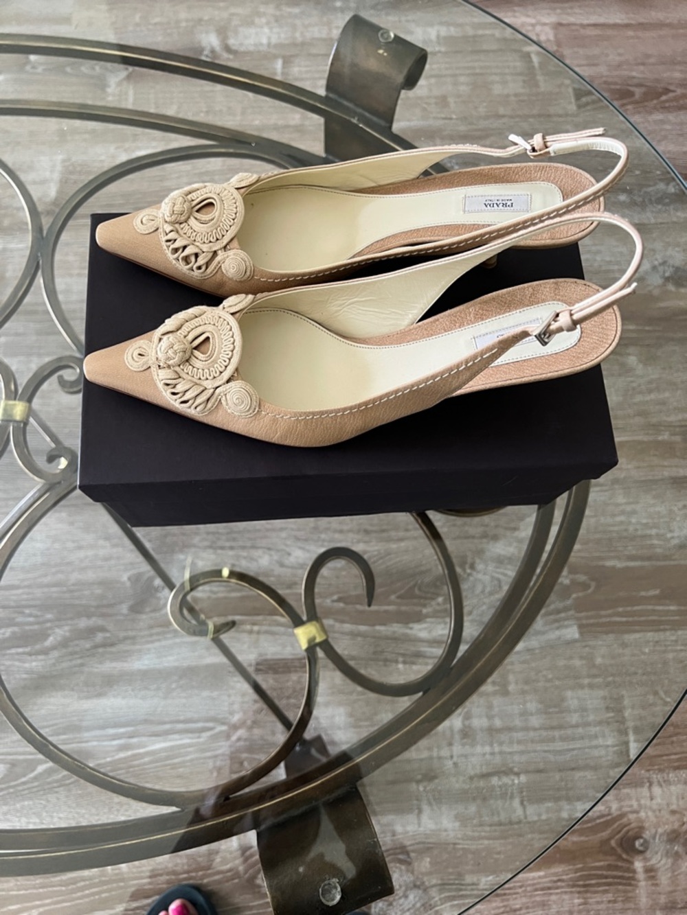 Prada Beige Embellished Pointed Toe Slingback Mules - Picture 2 of 5